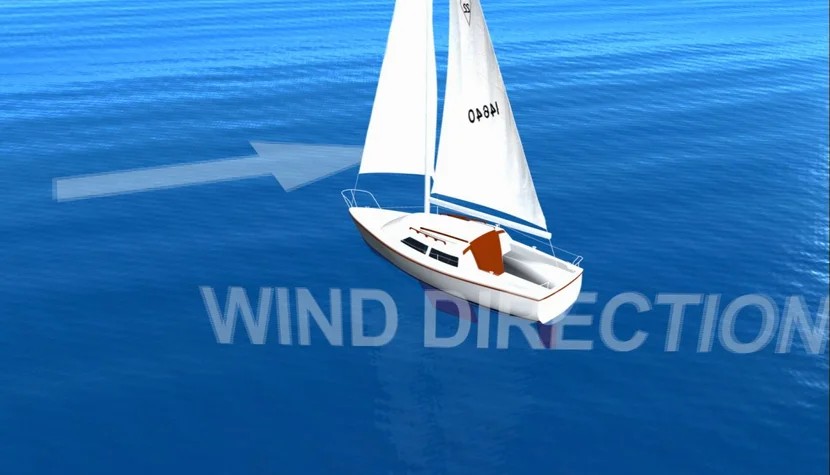a física da vela, desenho de veleiro contra o vento.