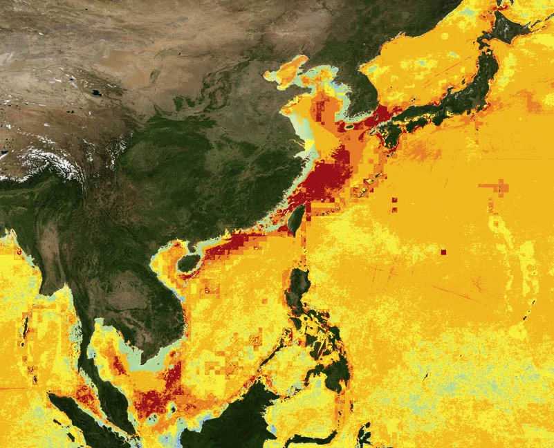Impacto das atividades humanas sobre os oceanos , mapa mundi mostrando a ásia