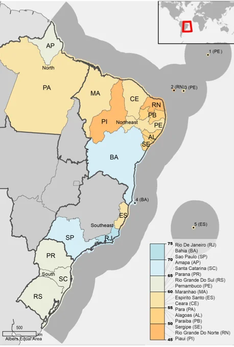 Índice de Saúde do Oceano , Desenho de mapa do Brasil com a zona enconômica exclusiva.