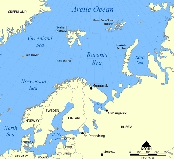 Mapa do mar de Barents.
