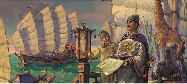 Gravura mostra Zheng He no comando da frota chinesa
