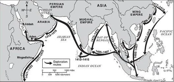 mapa das viagens do almirante chinês Zheng he