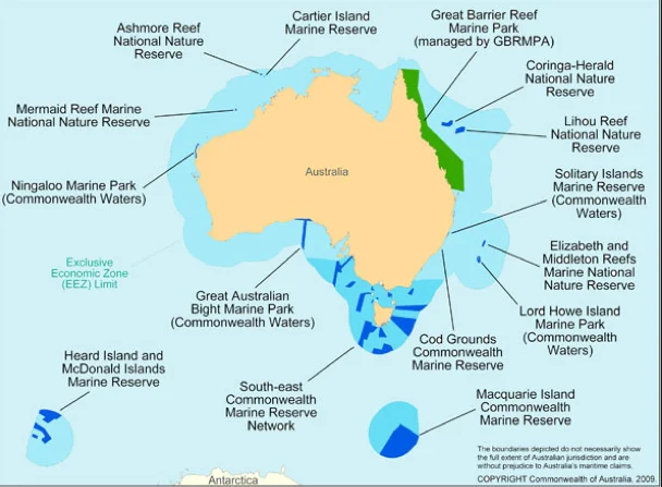 Austrália e as reservas marinhas, mapa da area exclusiva marinha da austrália e suas áreas protegidas
