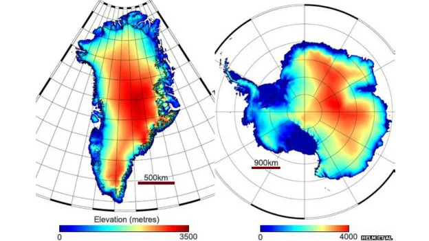 Derretimento de geleiras na Groenlândia e Antártida, gráfico com dados sobre derretimento de gelo na Groenlândia e na Antártida
