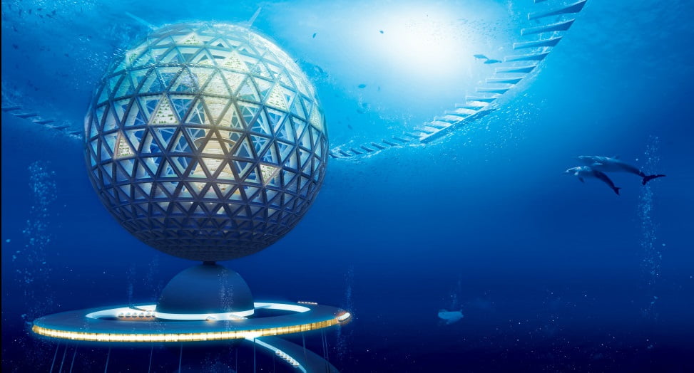 Cidade sustentável no fundo do mar, visão ilustrada de Cidade sustentável no fundo do mar