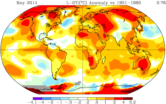 2014 foi o ano mais quente, mapa mundi mostrando aquecimento em 2014