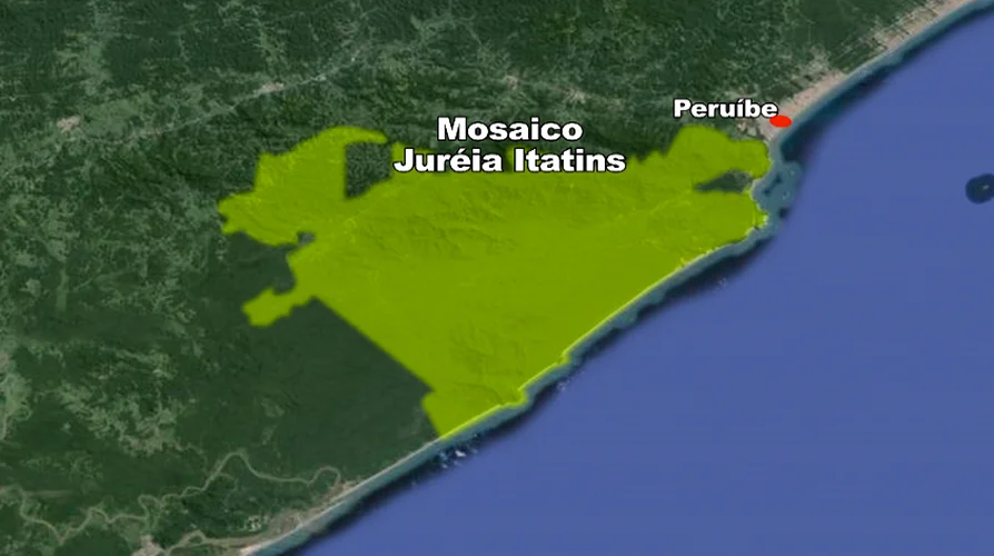 mapa mostrando a área de duas unidades de conservação, Arie Ilha Ameixal e Mosaico Juréia-Itatins