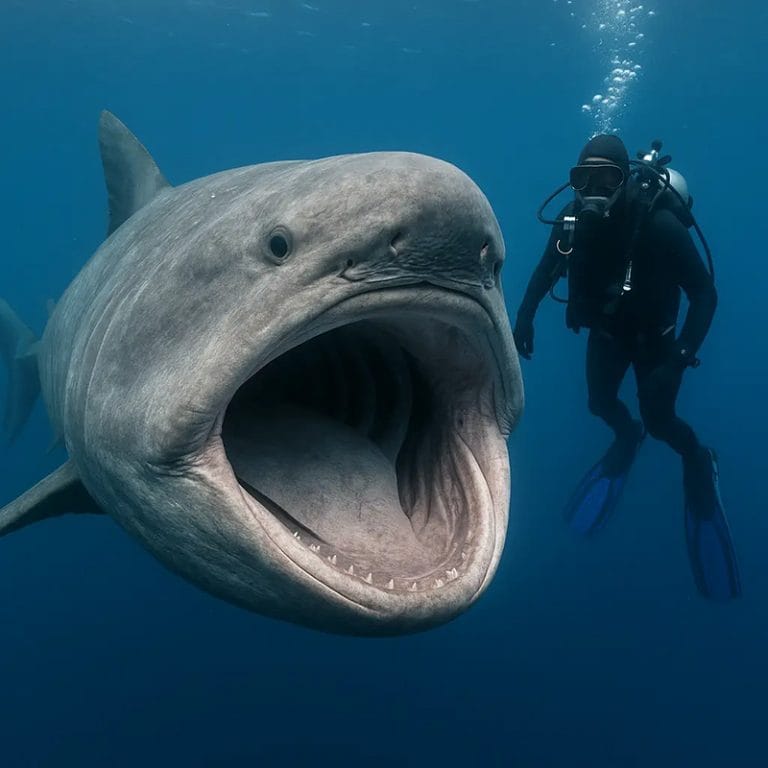 Tubarão boca grande visto de frente 