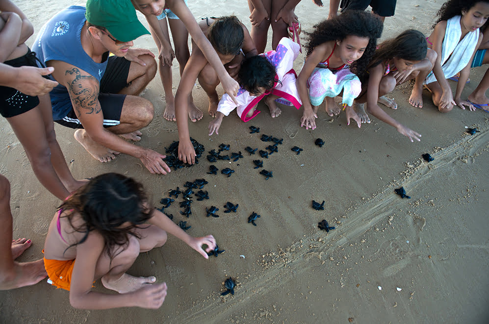 crianças soltando tartarugas na Rebio de Santa Isabel