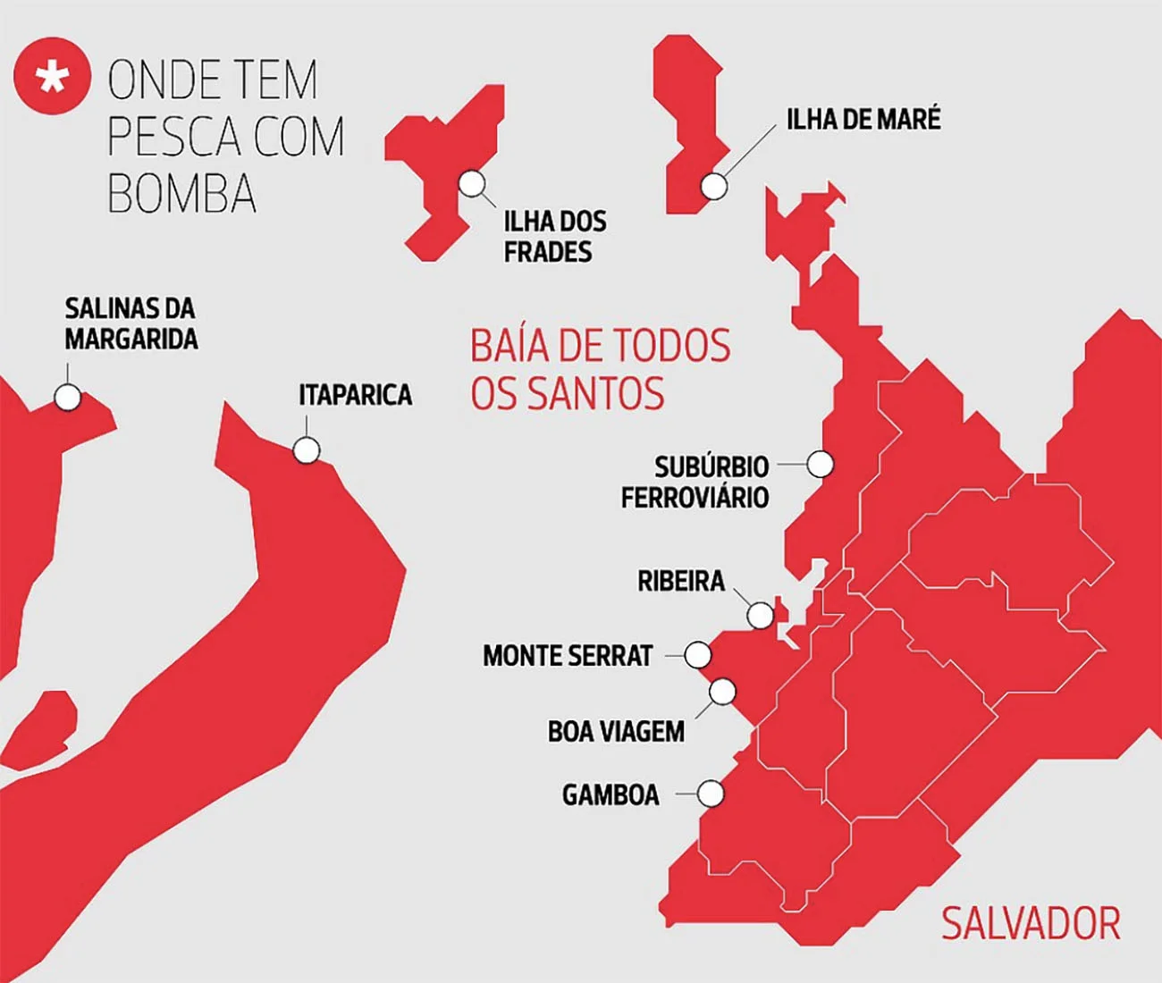mapa mostra onde acontece a pesca com bombas na baía de todos os santos