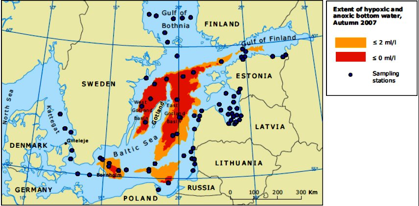 mares e oceanos mais poluídos, mapa do mar-baltico-e-zonas-mortas