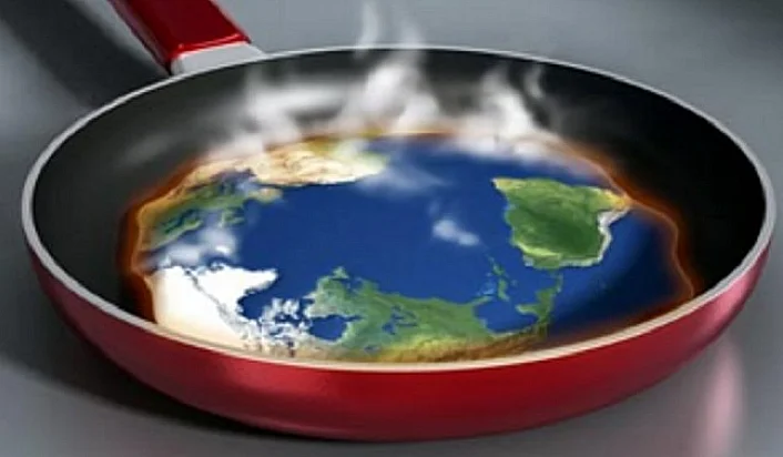 Aquecimento global 2016, ilustração mostrando um mapa mundo numa frigideira
