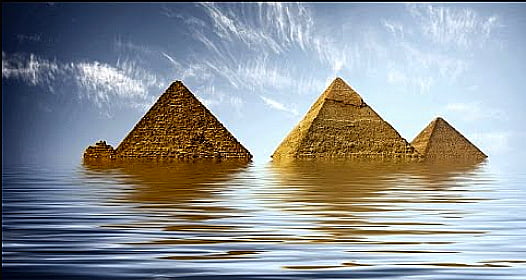 Aquecimento global 2016, ilustração mostrando pirâmides boiando no mar