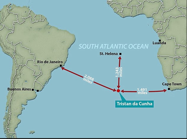 Ilhas do Atlântico Sul, ilustração de mapa mostrando a posição de Tristão-da-cunha-