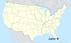 Tubarão ferido, mapa mostrando localização de Jupter, na Flórida