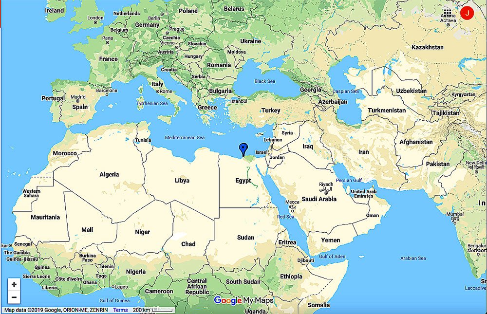 mapa com marca azul que sinaliza Alexandria