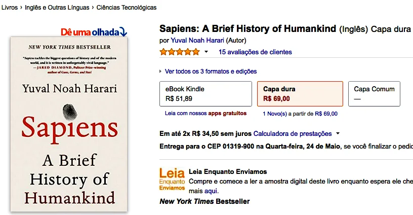  imagem de livro homo sapiens em anúncio da Amazon