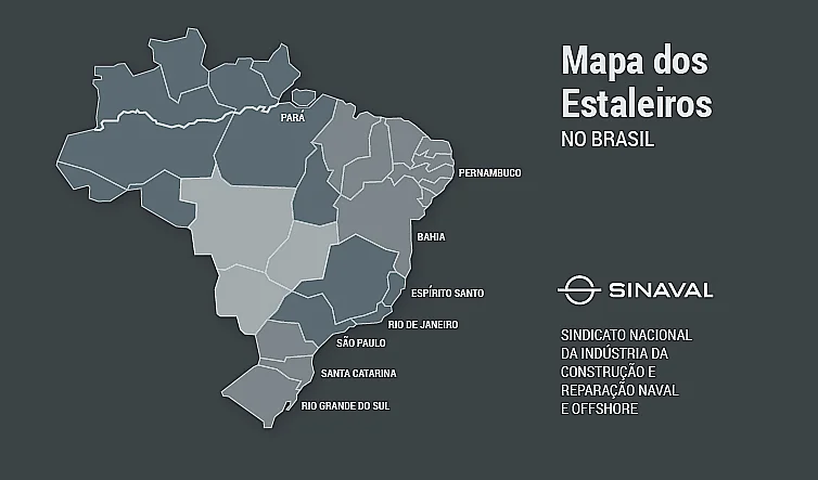 Indústria Naval brasileira, ilustração com mapa dos estaleiros do Brasil