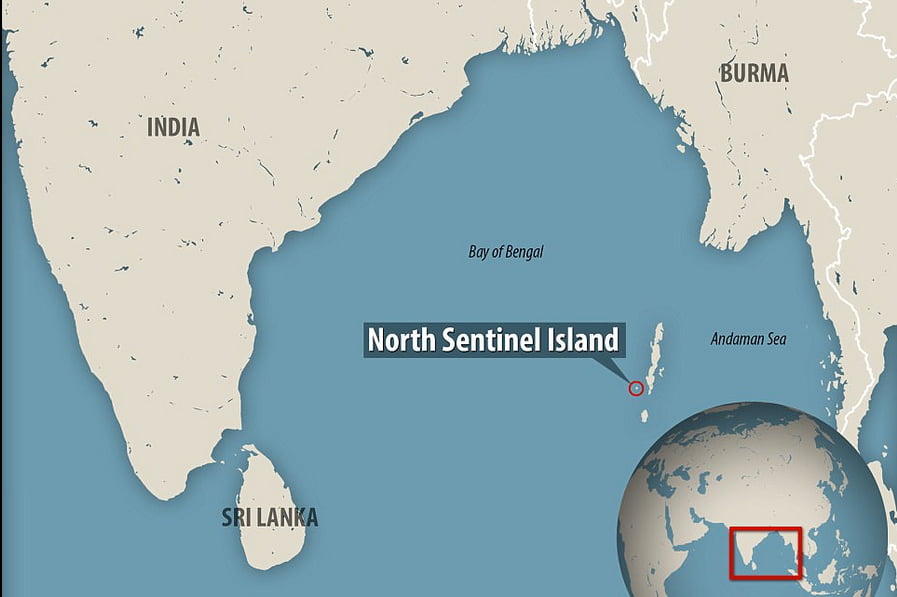  mapa com a localização de uma ilha perigosa e isolada, Sentinela do norte, no Índico