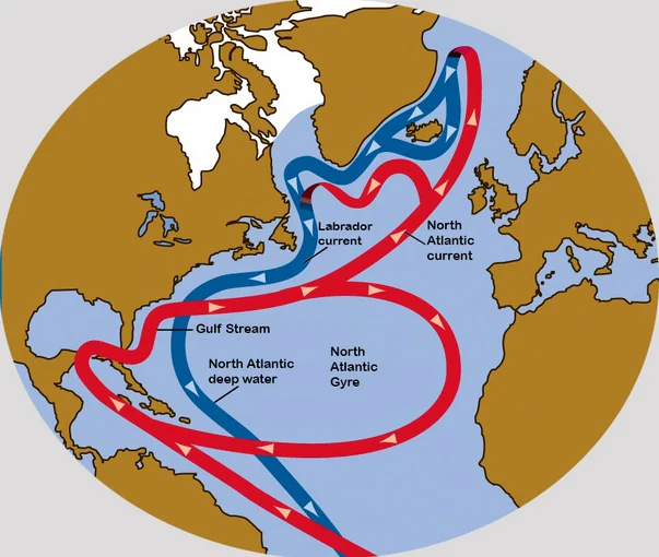 Triângulo das Bermudas, ilustração de mapa mostrando a corrente do golfo