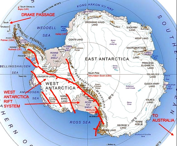 mapa da Antártica com o local onde sestão a maioria dos vulcões do planeta