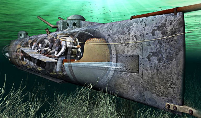 Ilustração do submarino H.L.Hunley Primeiro submarino a afundar um navio