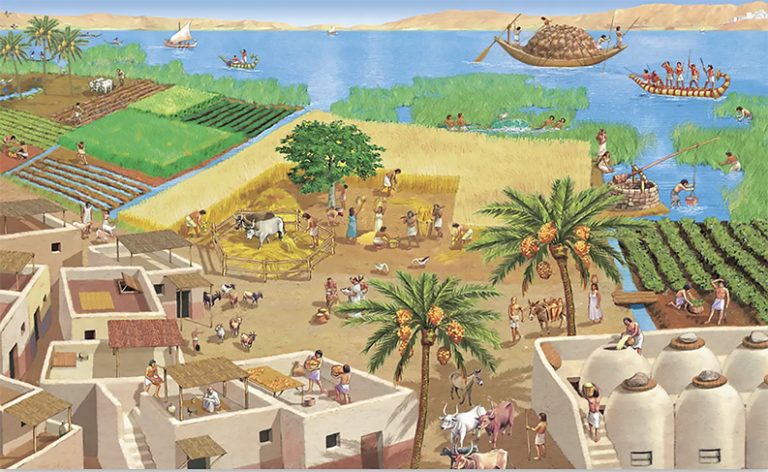 Desenho do cotidiano do Antigo Egito com destaque ao rio Nilo