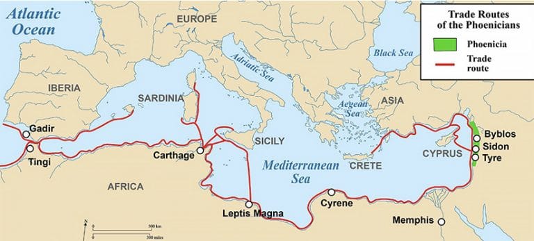 Mapa das rotas fenícias, e de suas cidades, no Mediterrâneo e além. 