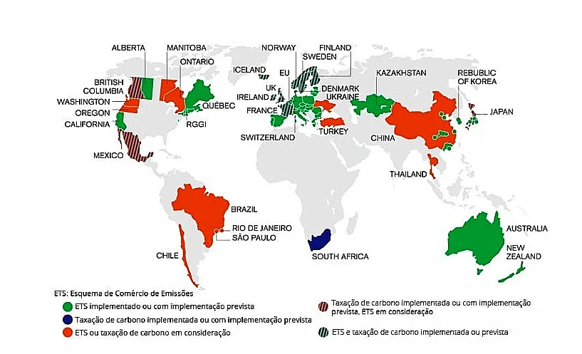 mapa mundi mostrando o mercado de carbono