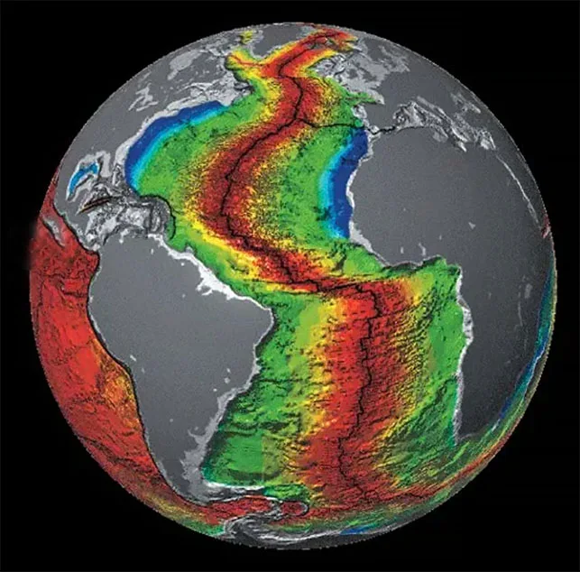 Mapa mundi destaca a Cadeia Dorsal Mesoatlântica
