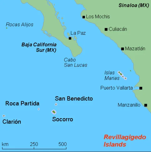 mapa do Parque Nacional do Arquipélago Revillagigedo, México