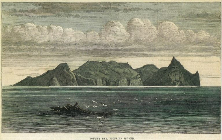 Gravura do afundamento do Bounty em Pitcairn.