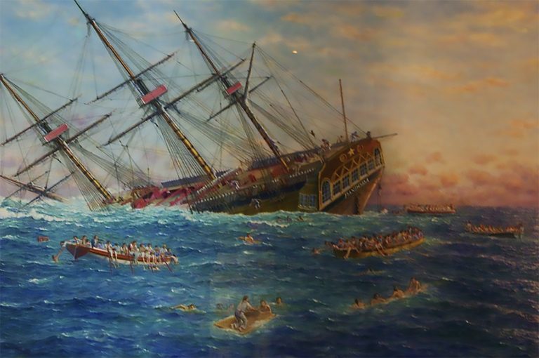 gravura mostre encalhe do HMS Pandora na Grande Barreira de Corais