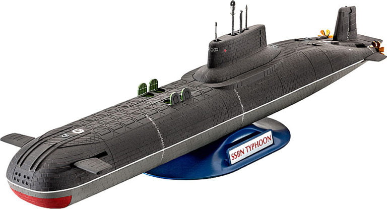 ilustração mostrando os maiores submarinos já construídos, os Typhoons