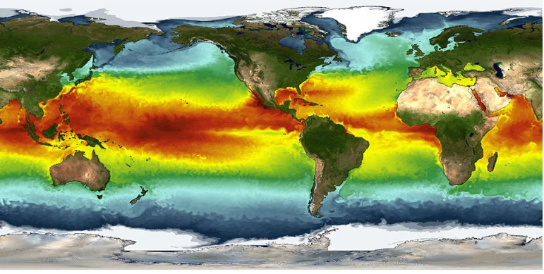 imagem de mapa com temperatura dos oceanos para Satélites ajudam a compreender os Oceanos