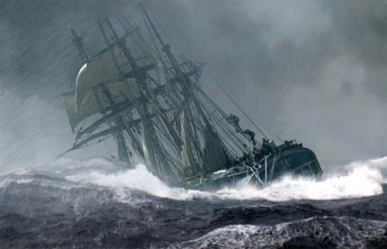 Gravura do navio Bounty em meio a tempestade