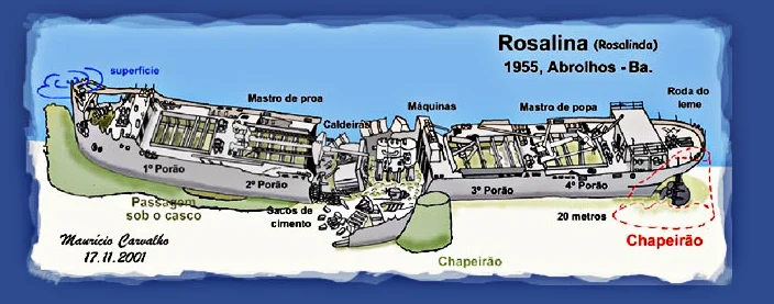 ilustração do naufrágio do cargueiro Rosalina, em Abrolhos
