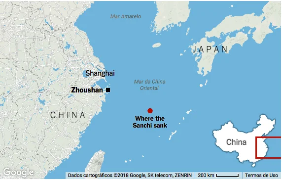 imagem de mapa mostrando vazamento de petróleo nos mares da China