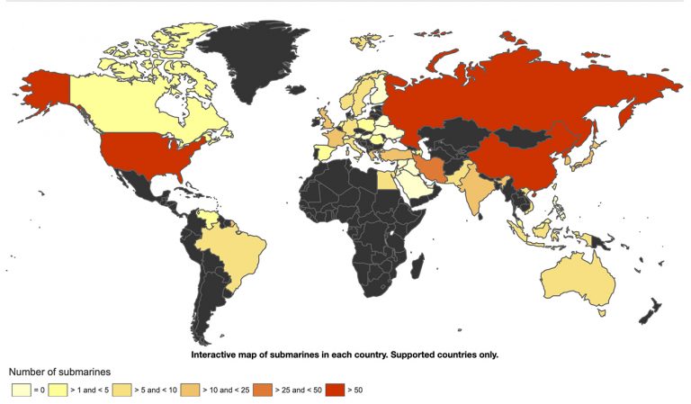 infográfico mostra quantidade de submarinos por países no mundo