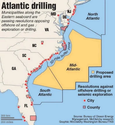 mapa onde haverá perfuração de petróleo no mar dos Estados Unidos