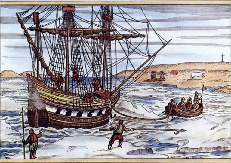 gravura do navio de Willem Barentsz no gelo do Ártico