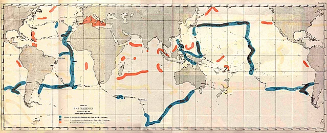 ilustração de mapa com a rota do Challenger, que iniciou a oceanografia