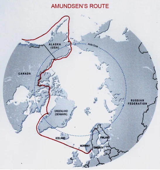 imagem de mapa com a rota de roald amundsen