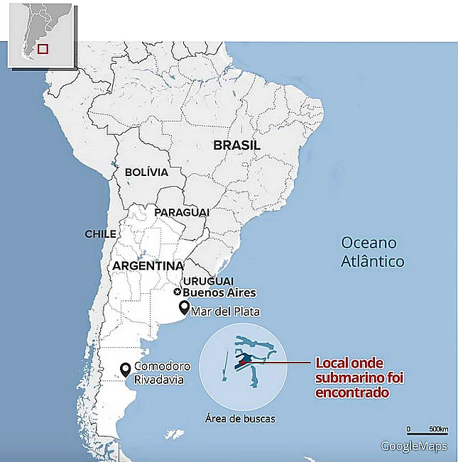 mapa com a localização do submarino desaparecido