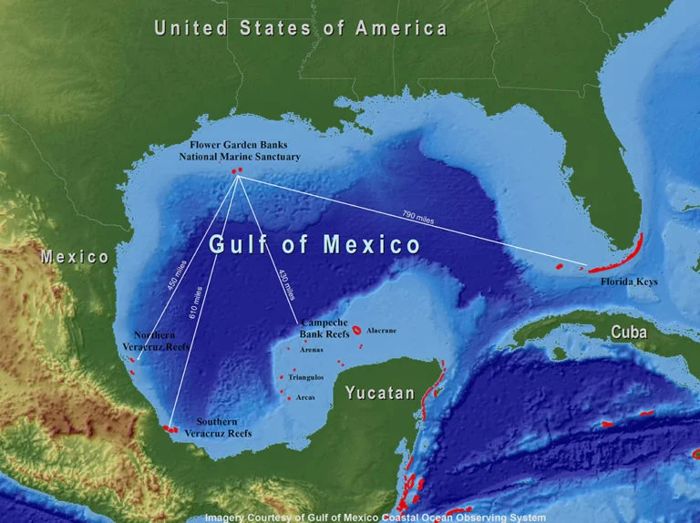 mapa do Golfo do México e berçário de raias manta