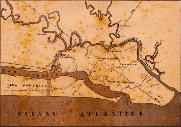 ilustração de mapa mostra canal do valo grande, Iguape, Litoral centro, e sul de São Paulo