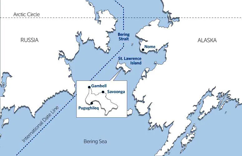 mapa de St Lawrence Island, onde Aves marinhas do Alasca mortas foram achadas