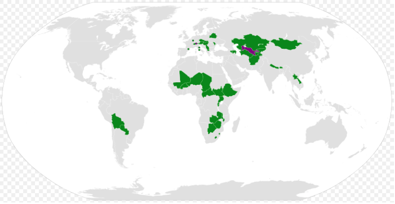 imagem de mapa mundi com países sem saída para o mar