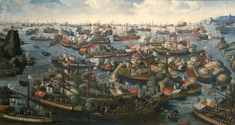 ilustração da batalha de Lepanto entre Veneza e otomanos