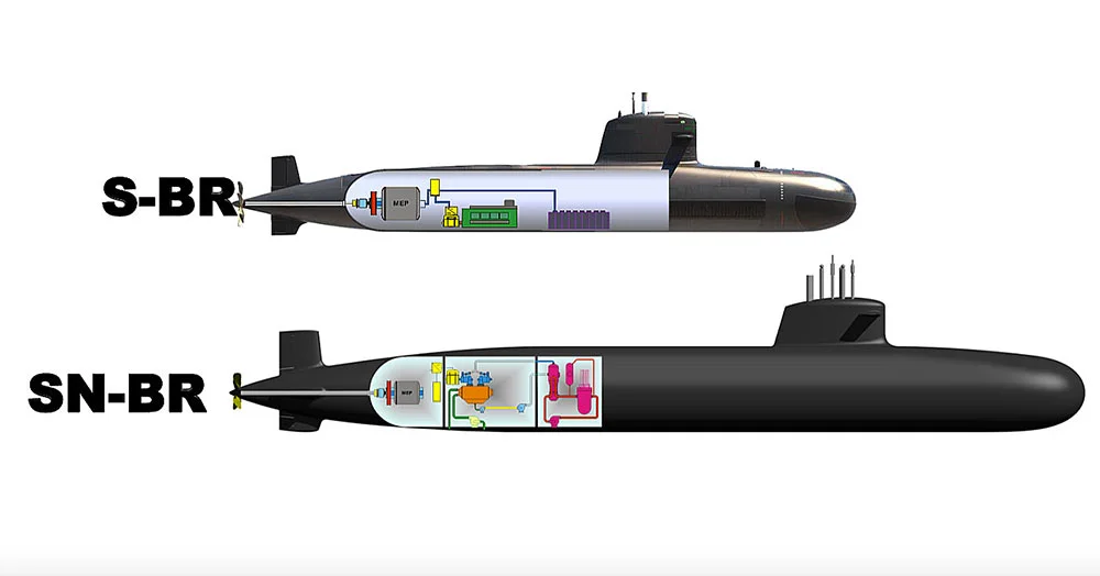 ilustração de dois tipos de submarinos construídos pela marinha do Brasil